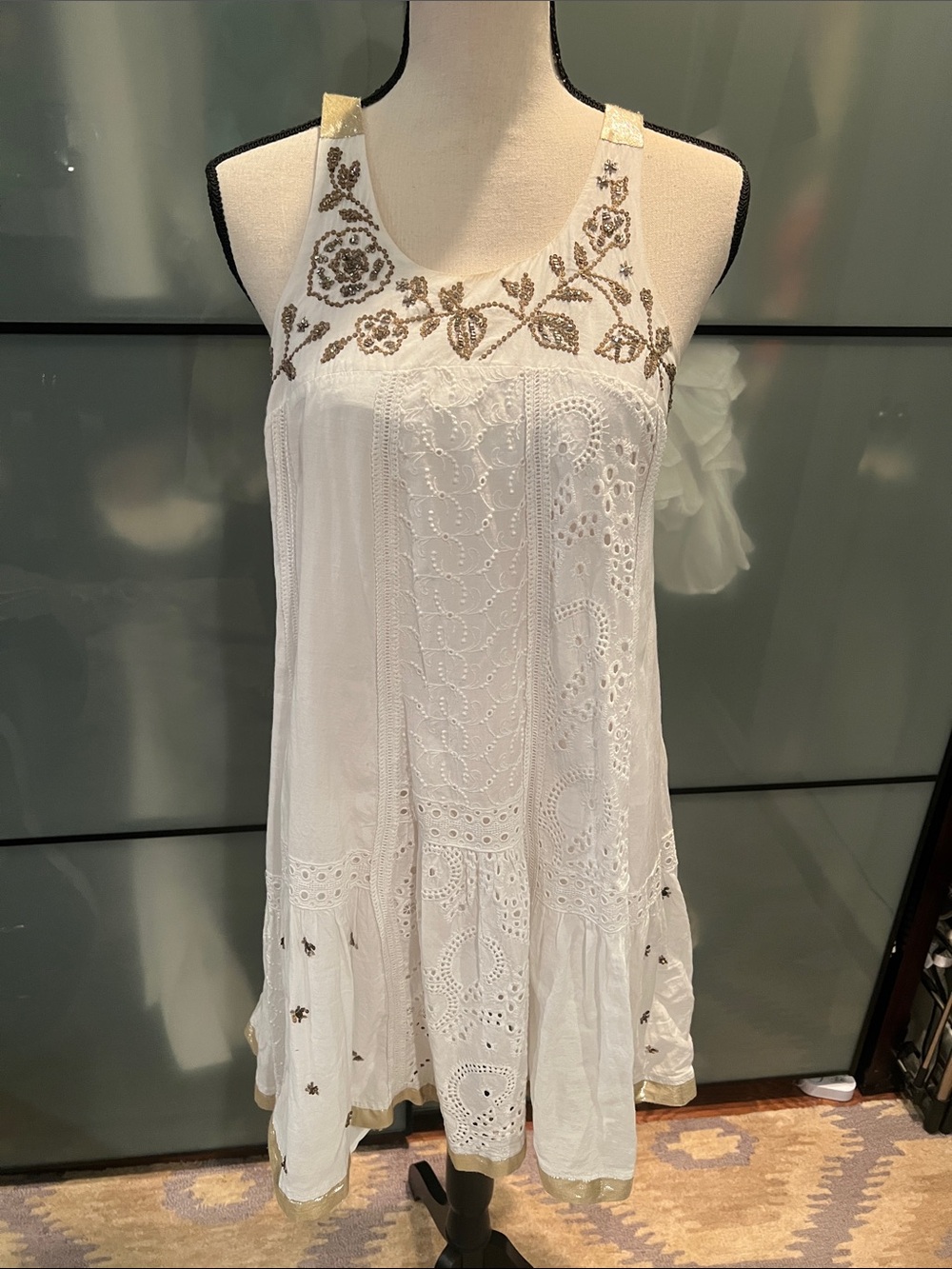 Anthropologie White Eyelet Embroidered Tank Dress with Gold Accents